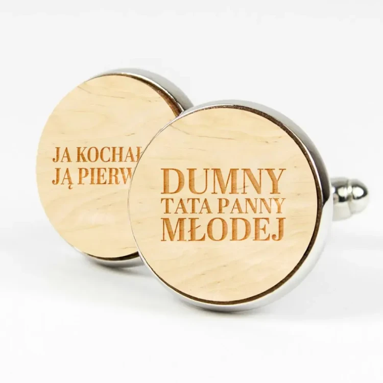 Spinki do mankietów drewniane - Ja kochałem Ją pierwszy | Dumny Tata Panny Młodej - Naturalny - Kudula | Spinki