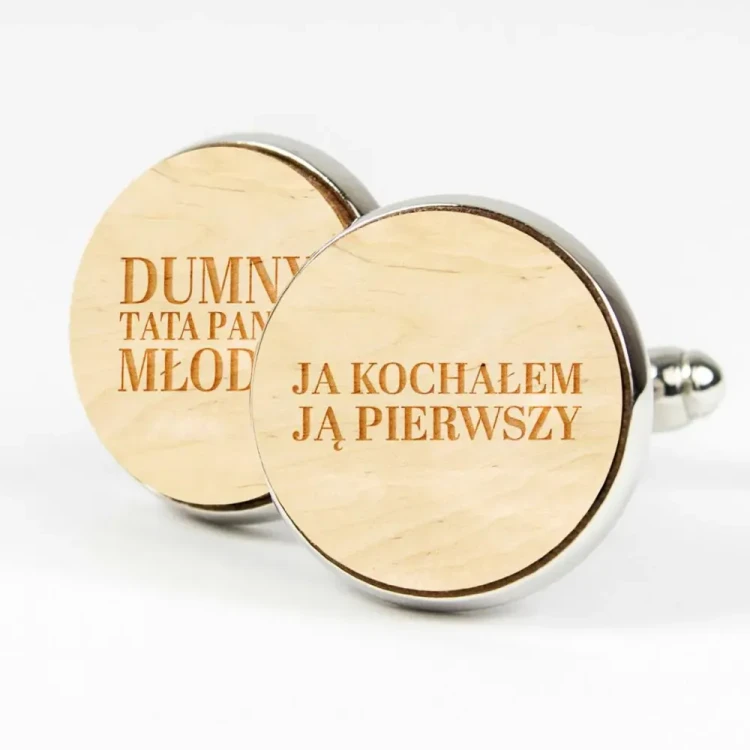 Spinki do mankietów drewniane - Ja kochałem Ją pierwszy | Dumny Tata Panny Młodej - Naturalny - Kudula | Spinki